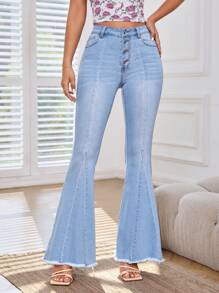 SHEIN Frenchy Jeans de pierna amplia con botón bajo crudo - Lavado ligero - Ver 1