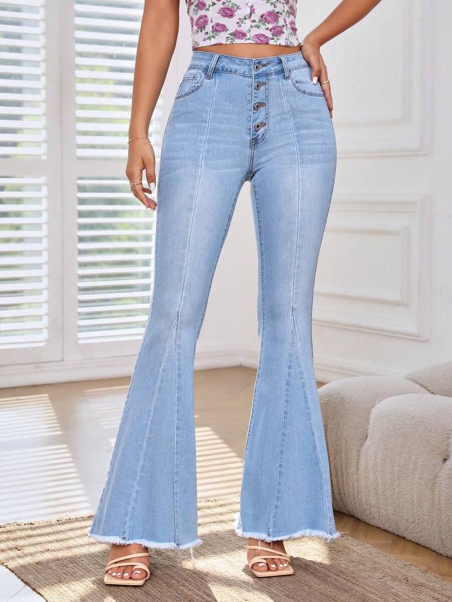 SHEIN Frenchy Jeans de pierna amplia con botón bajo crudo - Lavado ligero - Ver 1