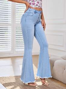 SHEIN Frenchy Jeans de pierna amplia con botón bajo crudo - Lavado ligero - Ver 3