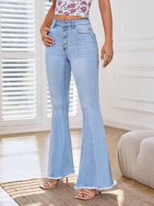SHEIN Frenchy Jeans de pierna amplia con botón bajo crudo - Lavado ligero - Ver 4