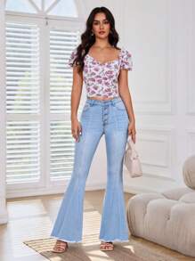 SHEIN Frenchy Jeans de pierna amplia con botón bajo crudo - Lavado ligero - Ver 6