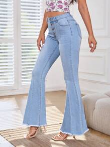 SHEIN Frenchy Jeans de pierna amplia con botón bajo crudo - Lavado ligero - Ver 7