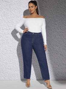 SHEIN Frenchy Plus Slant Pocket Mom Fit Jeans - Dark Wash - View 3