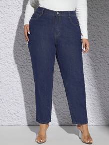 SHEIN Frenchy Plus Slant Pocket Mom Fit Jeans - Dark Wash - View 5