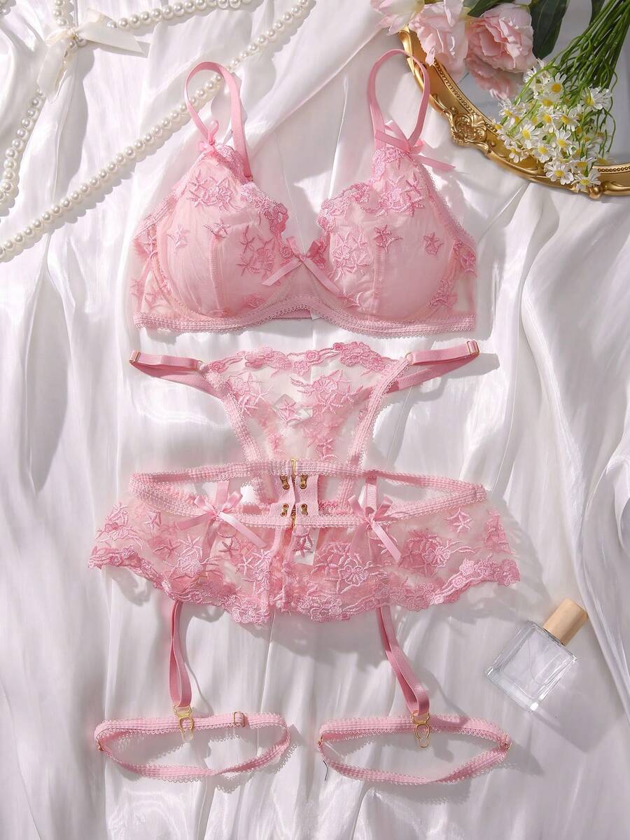 SHEIN Set de lencería con bordado floral de malla con liga - Rosa - Ver 1