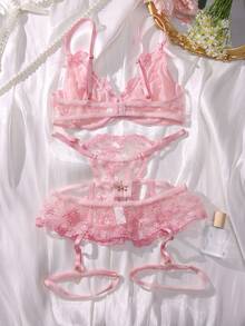 SHEIN Set de lencería con bordado floral de malla con liga - Rosa - Ver 2