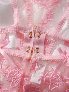 SHEIN Set de lencería con bordado floral de malla con liga - Rosa - Ver 4