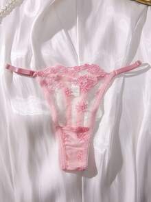 SHEIN Set de lencería con bordado floral de malla con liga - Rosa - Ver 5