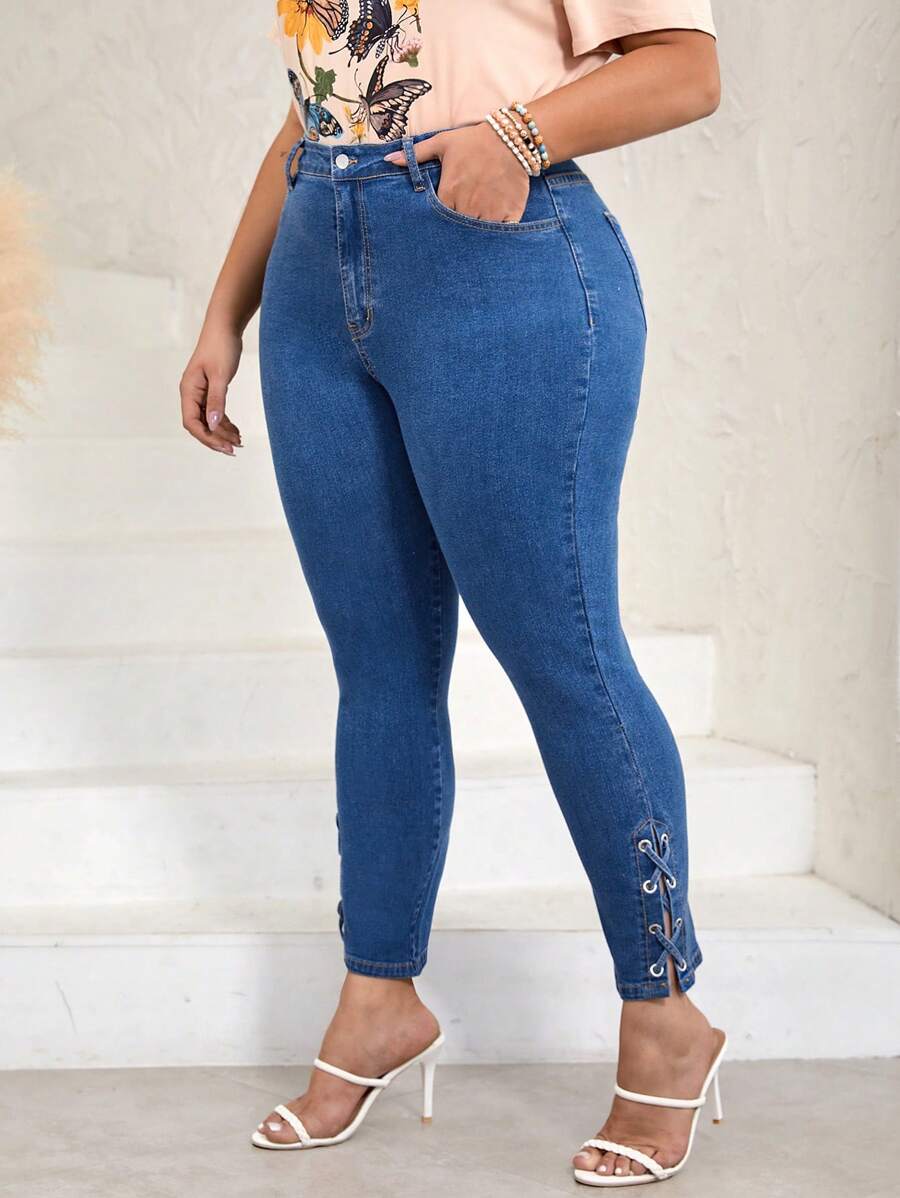 SHEIN LUNE Plus Lace Up Side Skinny Jeans - Medium Wash - View 1