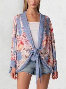 Floral Print Tie Front Kimono - Multicolor - View 1