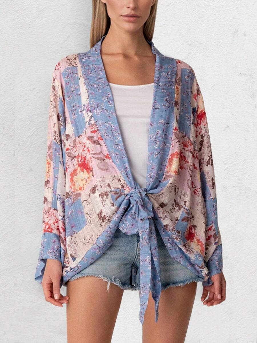 Floral Print Tie Front Kimono - Multicolor - View 1
