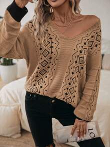 SHEIN LUNE Áo len trễ vai dệt kim Pointelle - Màu Khaki - Xem 5