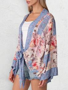 Floral Print Tie Front Kimono - Multicolor - View 3