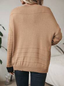 SHEIN LUNE Áo len trễ vai dệt kim Pointelle - Màu Khaki - Xem 2