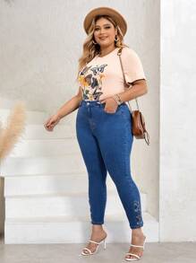 SHEIN LUNE Plus Lace Up Side Skinny Jeans - Medium Wash - View 4