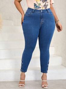 SHEIN LUNE Plus Lace Up Side Skinny Jeans - Medium Wash - View 5
