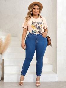 SHEIN LUNE Plus Lace Up Side Skinny Jeans - Medium Wash - View 6