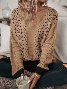 SHEIN LUNE Áo len trễ vai dệt kim Pointelle - Màu Khaki - Xem 7