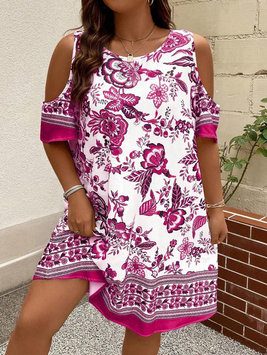 SHEIN LUNE Plus Floral Print Cold Shoulder Tunic Dress - White - View 1