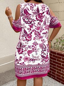 SHEIN LUNE Plus Floral Print Cold Shoulder Tunic Dress - White - View 2