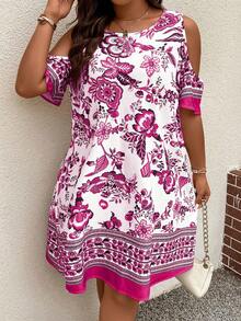 SHEIN LUNE Plus Floral Print Cold Shoulder Tunic Dress - White - View 3