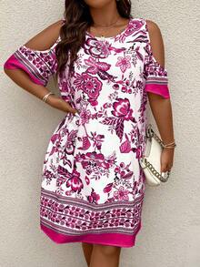 SHEIN LUNE Plus Floral Print Cold Shoulder Tunic Dress - White - View 4