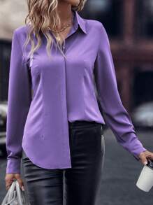EMERY ROSE Solid Curved Hem Shirt,Long Sleeve Tops - Purple - View 6