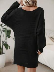 SHEIN Clasi Solid Batwing Sleeve Sweater Dress - Black - View 2