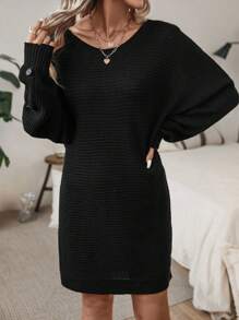 SHEIN Clasi Solid Batwing Sleeve Sweater Dress - Black - View 4