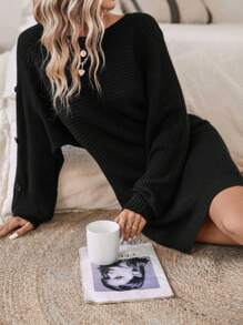 SHEIN Clasi Solid Batwing Sleeve Sweater Dress - Black - View 5