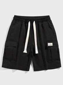 Manfinity 寬鬆男款字母拼貼短褲,有蓋口袋和抽繩腰部 - 黑色 - 查看 7