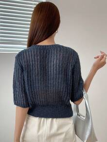 DAZY Top de punto unicolor de manga farol - Azul Marino - Ver 2