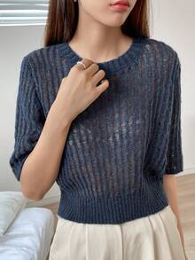 DAZY Top de punto unicolor de manga farol - Azul Marino - Ver 5