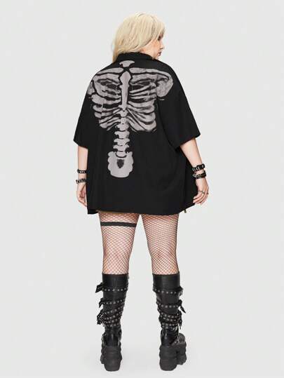 Grunge Punk Plus Skeleton Print Drop Shoulder Shirt