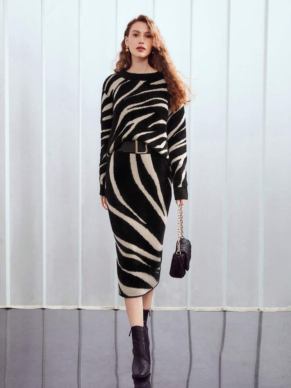 MOTF WOOL-BLEND ZEBRA STRIPE SKIRT WITHOUT BELT