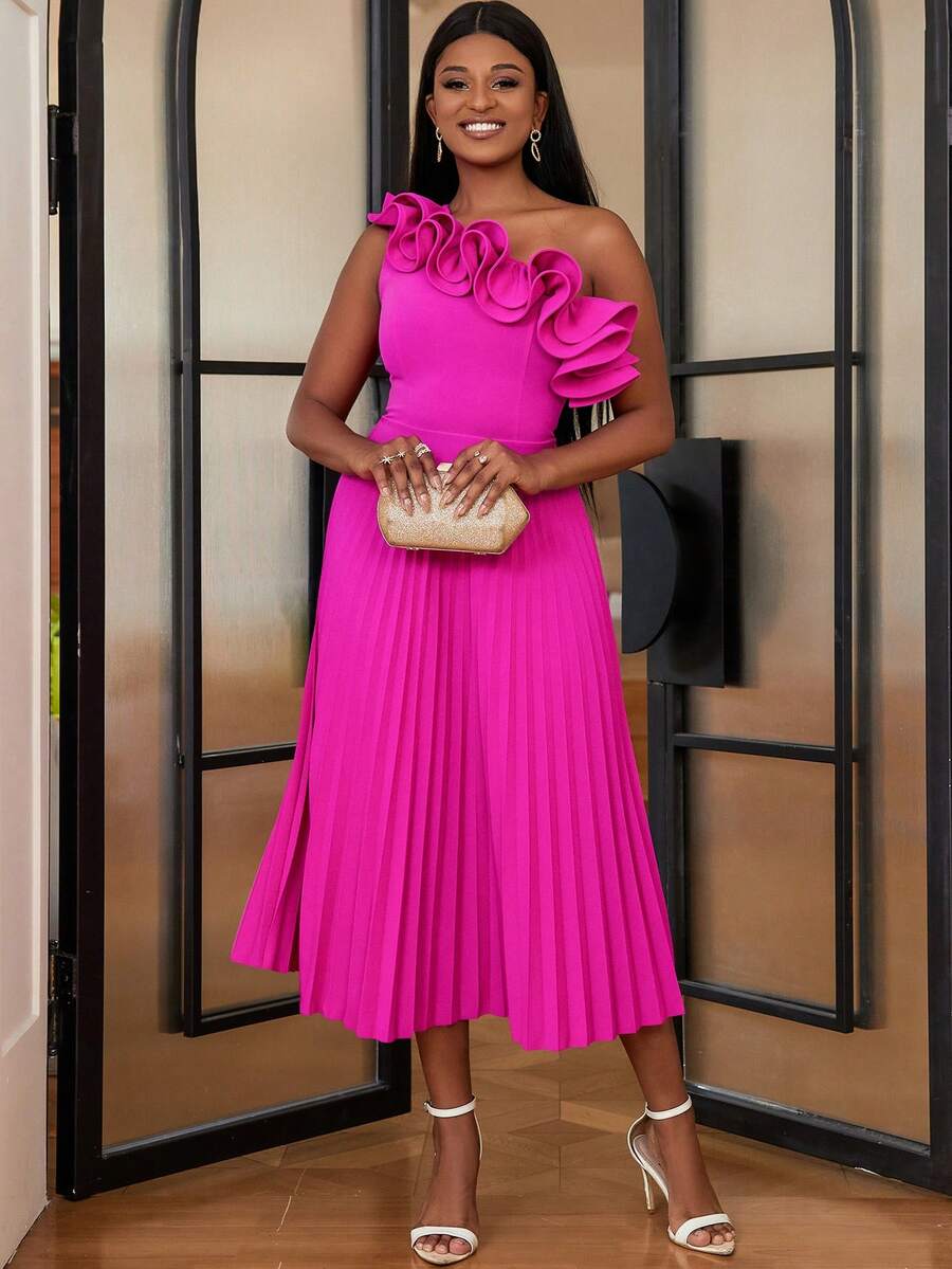 One Shoulder Ruffle Trim Pleated Hem Dress - Hot Pink - View 1
