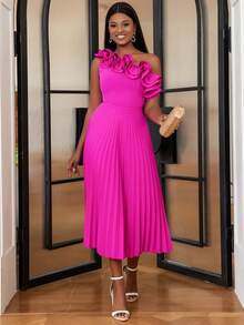 One Shoulder Ruffle Trim Pleated Hem Dress - Hot Pink - View 7