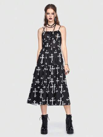 Goth Allover Cross Print Tie Front Cami Dress