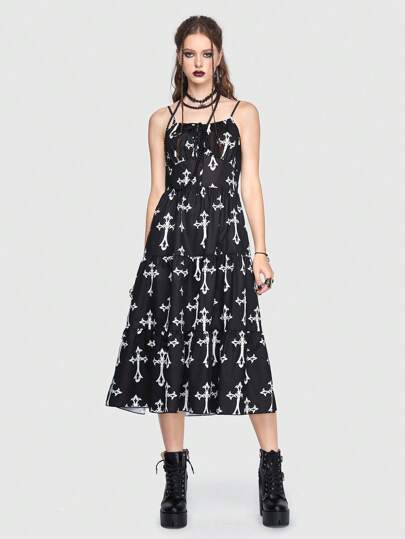 Goth Allover Cross Print Tie Front Cami Dress