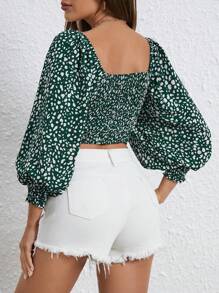 SHEIN VCAY 休閒打褶全身印花女士襯衫 - 墨綠色 - 查看 2