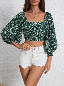 SHEIN VCAY 休閒打褶全身印花女士襯衫 - 墨綠色 - 查看 3