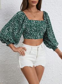 SHEIN VCAY 休閒打褶全身印花女士襯衫 - 墨綠色 - 查看 4