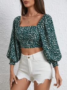 SHEIN VCAY 休閒打褶全身印花女士襯衫 - 墨綠色 - 查看 5