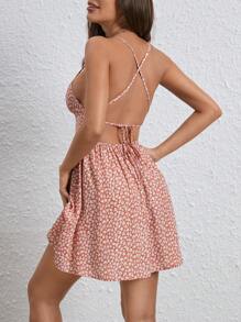 SHEIN Frenchy 波西米亞露背 繫帶 胸部褶皺小碎花女士連衣裙 - 橘色 - 查看 2