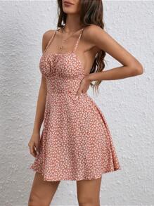 SHEIN Frenchy 波西米亞露背 繫帶 胸部褶皺小碎花女士連衣裙 - 橘色 - 查看 3