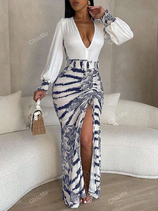 ChicMe Deep V Neck Drawstring Side Slit Maxi Dress With Belt Casual Sexy Elegant Long Dress For Summer Party
