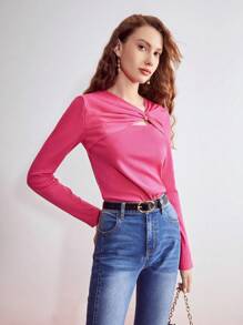 MOTF PREMIUM Sọc Mặt trước xoắn Áo thun - Màu Hồng Tươi - Xem 4