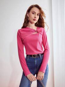 MOTF PREMIUM Sọc Mặt trước xoắn Áo thun - Màu Hồng Tươi - Xem 5