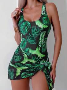 SHEIN Swim Bản in nhiệt đới Đồ bơi một mảnh Với váy đi biển - Nhiều màu - Xem 3