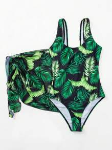 SHEIN Swim Bản in nhiệt đới Đồ bơi một mảnh Với váy đi biển - Nhiều màu - Xem 4